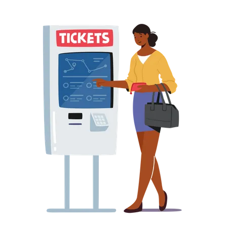 Female Self Booking Tickets in Metro or Railway Station Illustration