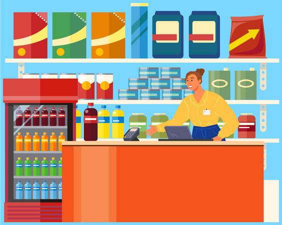 Female seller with pos terminal in supermarket Illustration