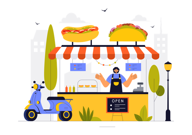 Female selling hot dog on street  Illustration