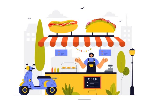 Female selling hot dog on street  Illustration