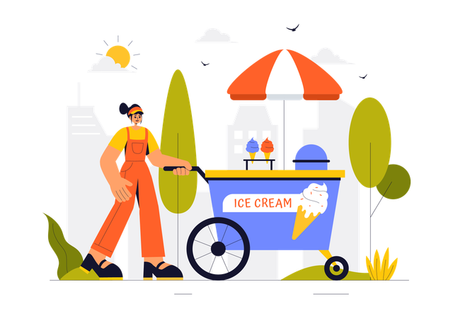 Female selling ice cream on cart  Illustration