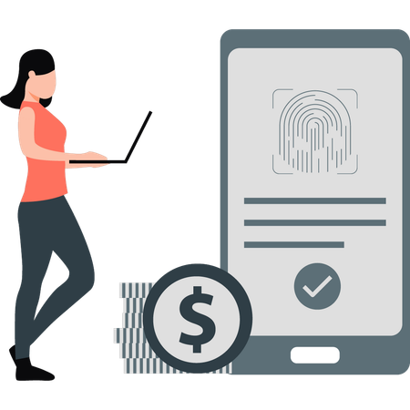 Female sending online payment with finger print  Illustration