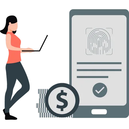 Female sending online payment with finger print  Illustration