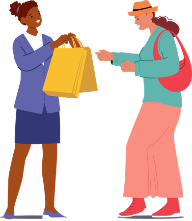 Female shop assistant giving paper shopping bag with purchases to woman customer  Illustration