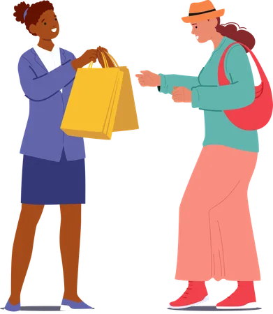 Female shop assistant giving paper shopping bag with purchases to woman customer  Illustration