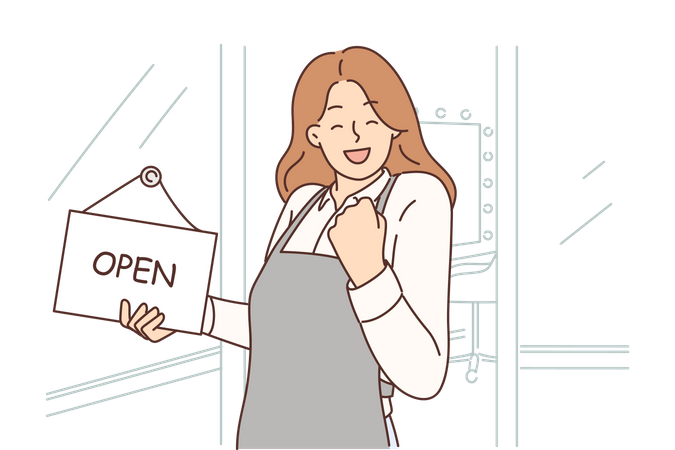 Female shop owner putting open signboard  Illustration
