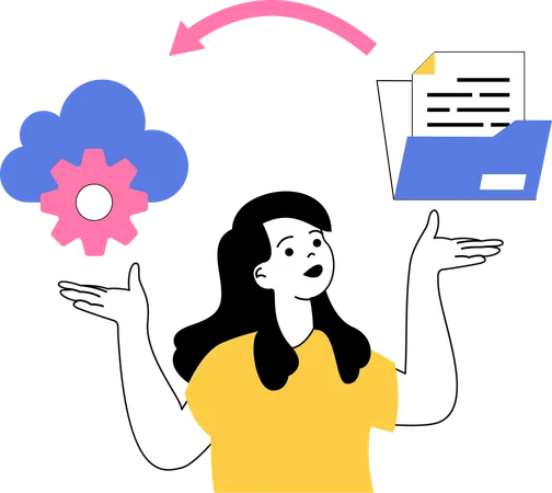 Female showing saving files to the cloud  Illustration