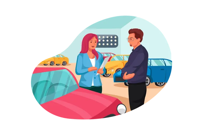 Female showroom executive giving details about car to customer Illustration