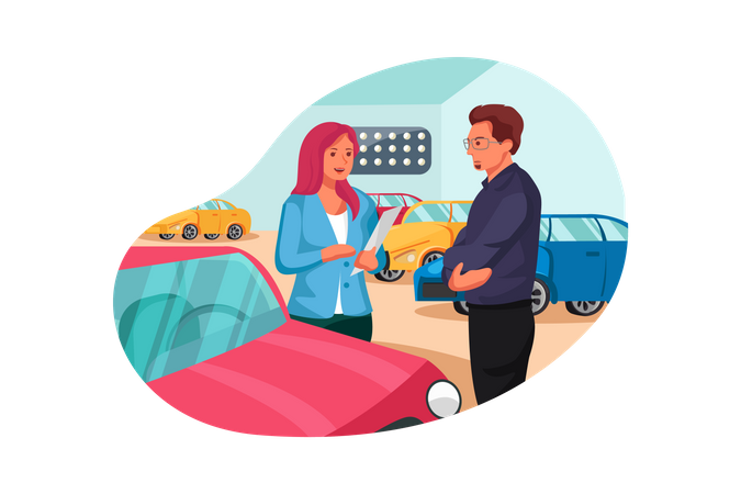 Female showroom executive giving details about car to customer  Illustration