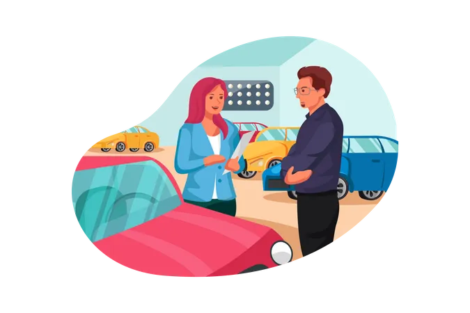 Female showroom executive giving details about car to customer  Illustration