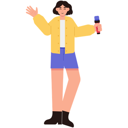 Female Singer Holding Microphone And Waving  Illustration