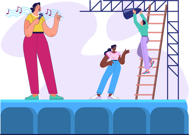 Female singer singing song on stage for singing rehearsal  Illustration