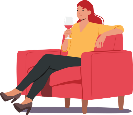 Female Sit on Armchair Holding Wineglass in Hand Illustration