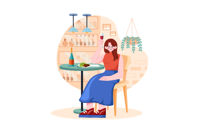Female Sit On Armchair Holding Wineglass In Hand Illustration