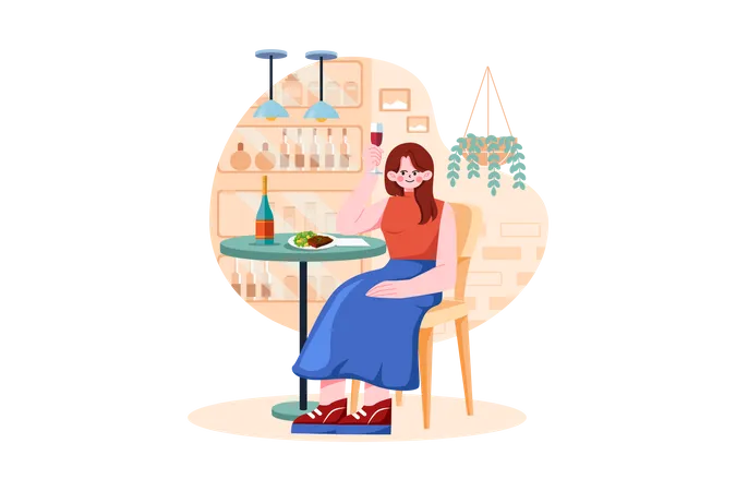 Female Sit On Armchair Holding Wineglass In Hand Illustration