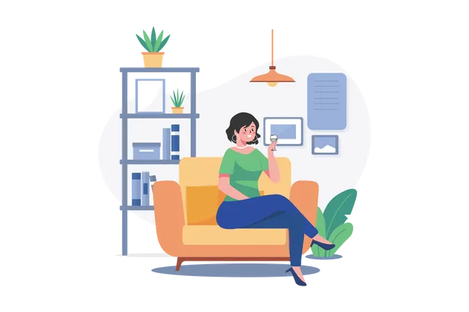 Female sit on armchair holding wineglass in hand Illustration