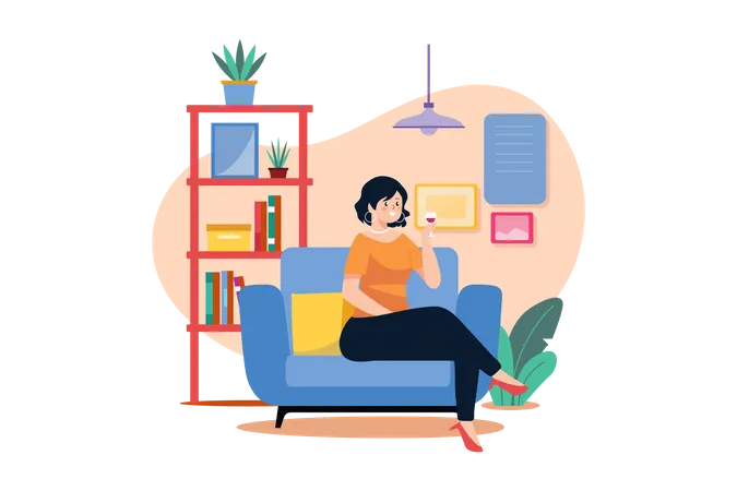 Female sit on armchair holding wineglass in hand Illustration