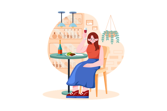 Female Sit On Armchair Holding Wineglass In Hand  Illustration