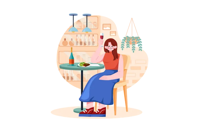 Female Sit On Armchair Holding Wineglass In Hand  Illustration