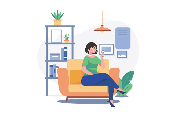 Female sit on armchair holding wineglass in hand  Illustration