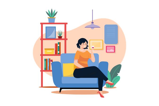 Female sit on armchair holding wineglass in hand  Illustration