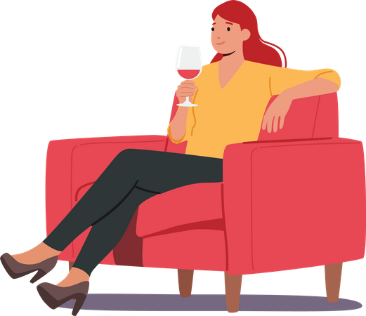 Female Sit on Armchair Holding Wineglass in Hand  Illustration