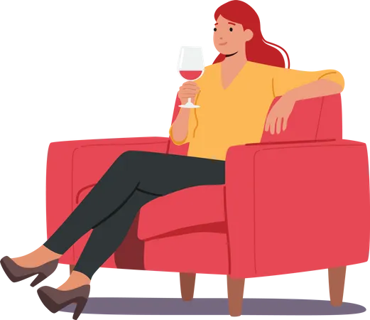 Female Sit on Armchair Holding Wineglass in Hand  Illustration