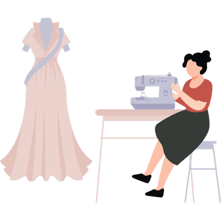 Female sits by a sewing machine  일러스트레이션