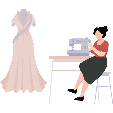 A Female Sits By A Sewing Machine Illustration
