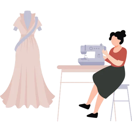 Female sits by a sewing machine  Illustration