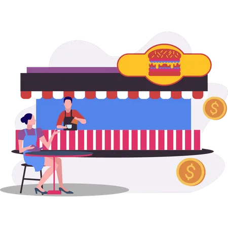 Female sitting at  burger stall  Illustration