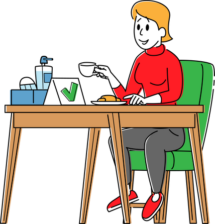 Female Sitting at Disinfected Cafe Table Drinking Coffee  Illustration