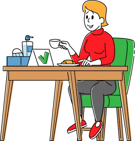 Female Character Sitting At Disinfected Cafe Table Drinking Coffee With Mask And Sanitizer Bottle Disinfectant Or Antibacterial Liquid Coronavirus Infection Prevention Linear Vector Illustration Illustration