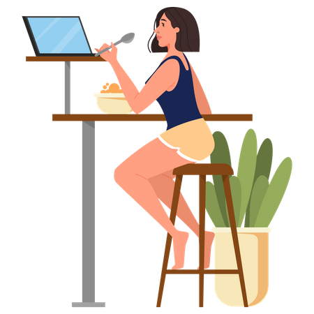 Female sitting at the table and watching movie on laptop Illustration