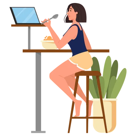 Female sitting at the table and watching movie on laptop Illustration