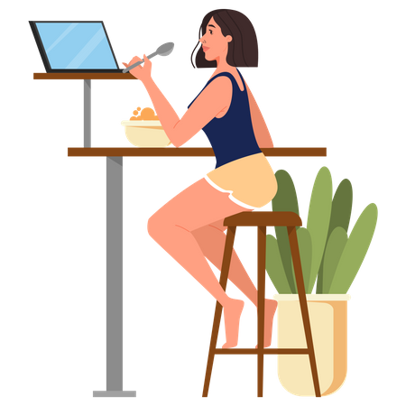 Female sitting at the table and watching movie on laptop  Illustration