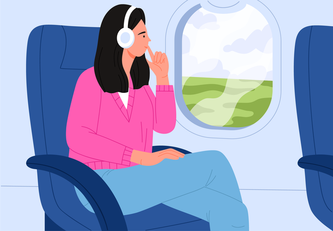 Female sitting in plane at window seat  Illustration