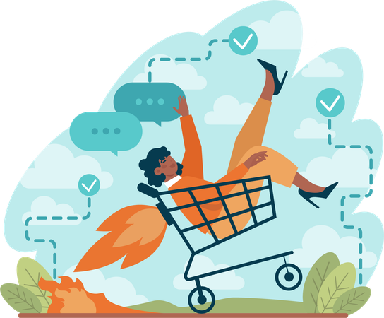 Female sitting in shopping cart  Illustration