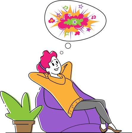 Female Sitting on Beanbag in Relaxed Posture Dreaming and Imagine Colorful Pictures  Illustration