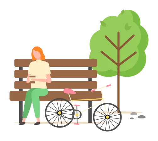 Person Drinking Coffee Vector Woman With Plastic Cup And Hot Beverage Isolated Lady Sitting On Wooden Bench In Park By Bicycle And Green Tall Tree Illustration