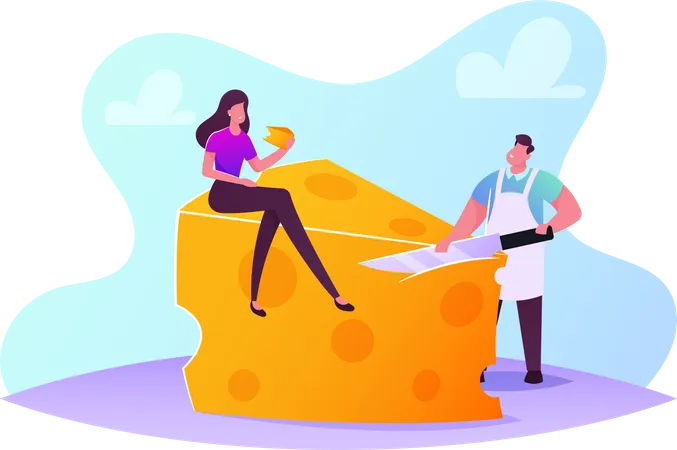 Tiny Gourmet Female Character Sitting On Huge Piece Of Fresh Yellow Cheese Salesman Slicing Product Dairy Culinary Production Farm Organic Nutrition Appetizer Cartoon People Vector Illustration Illustration