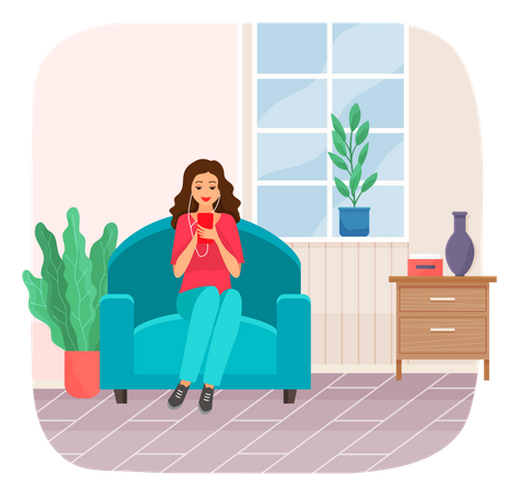 Female sitting on Couch and listening to music Illustration