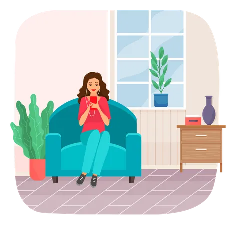 Female sitting on Couch and listening to music  Illustration