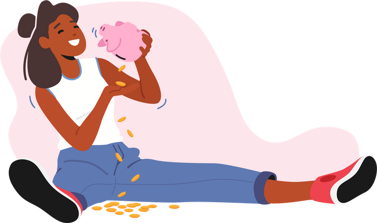 Female Sitting on Floor Shaking Piggy Bank with Money Falling Down Illustration