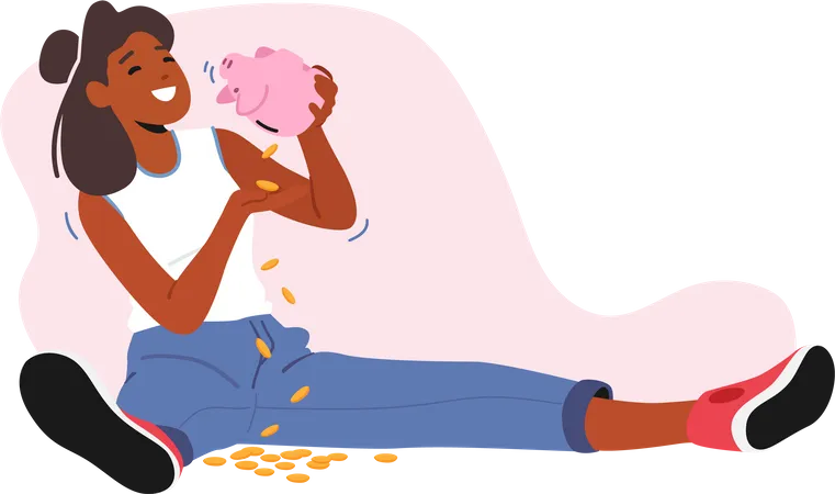Female Sitting on Floor Shaking Piggy Bank with Money Falling Down Illustration