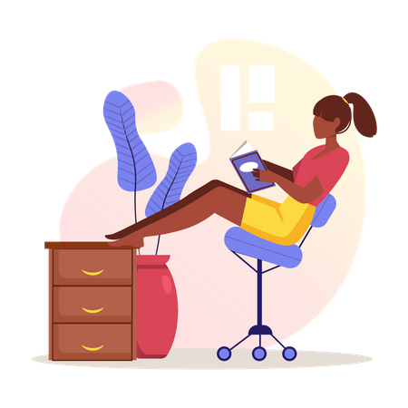 Female sitting on rolling chair and reading book Illustration