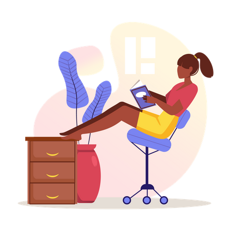 Female sitting on rolling chair and reading book  Illustration