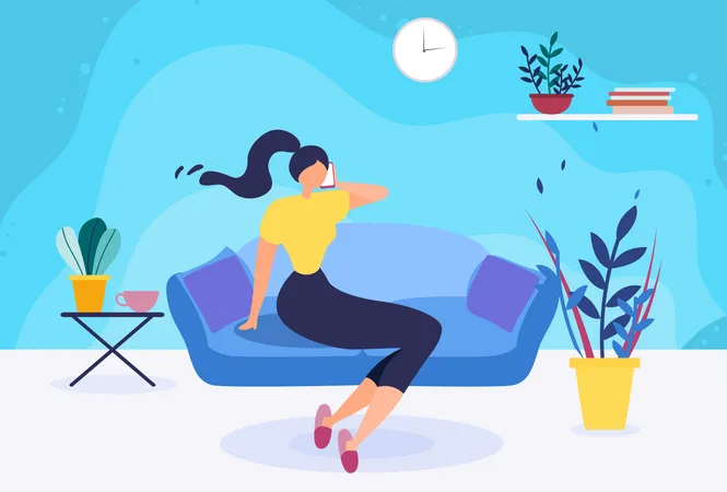 Female sitting on sofa talking on phone  Illustration