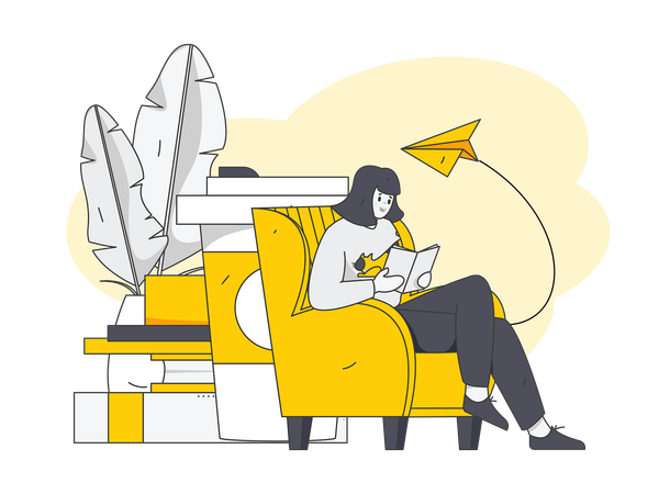 Female sitting on sofa while read book  Illustration