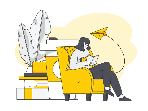 Female sitting on sofa while read book  Illustration